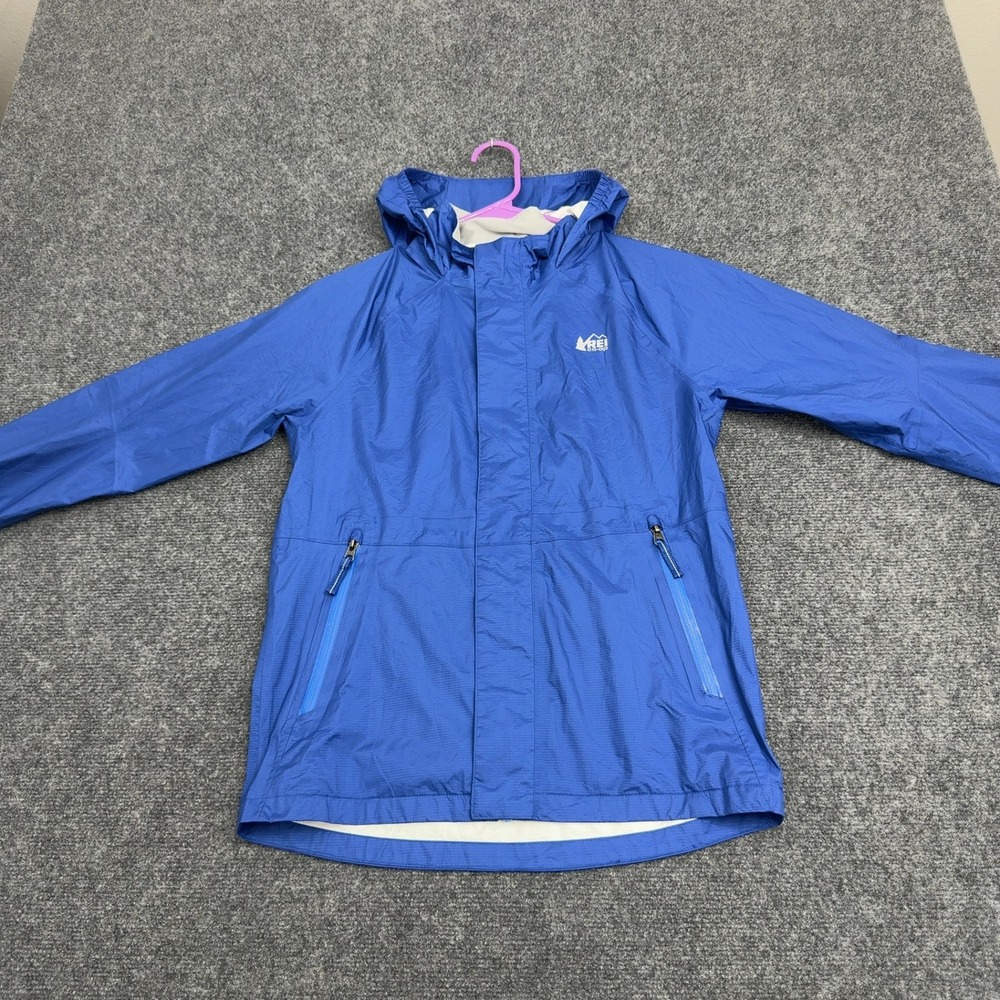 REI Coop Rain Jacket Kids L Blue Ripstop Hooded Lightweight Gorpcore Outdoor